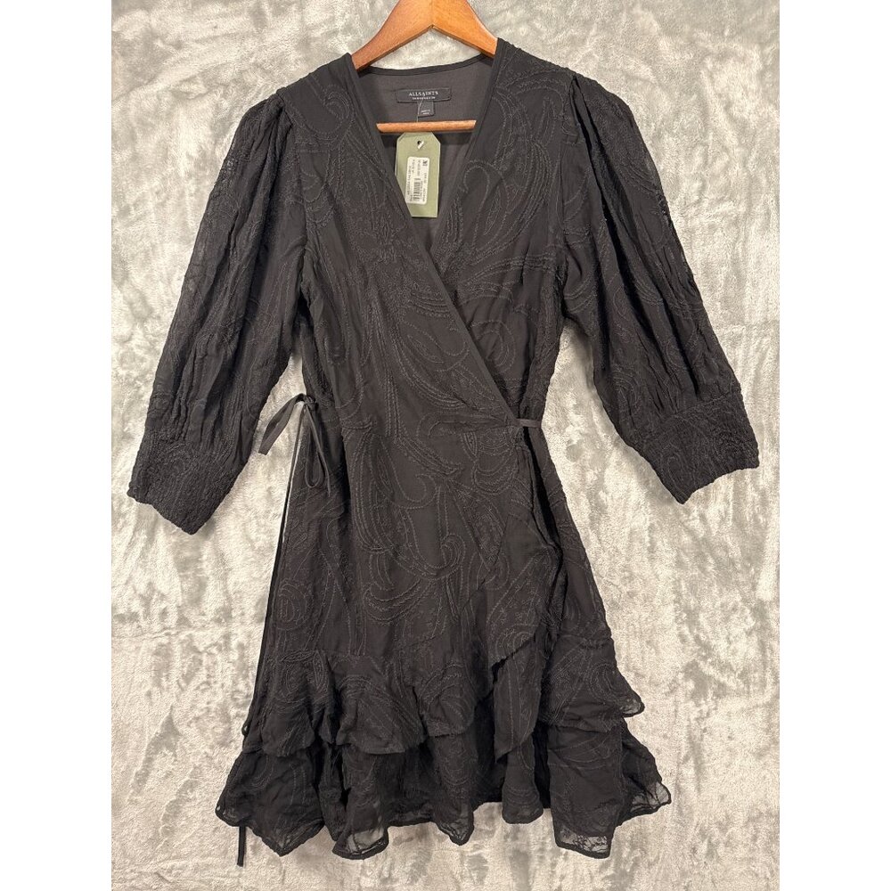 AllSaints Black Viscose Wrap Dress With Puff Sleeves Sz 4 - Picture 3 of 8